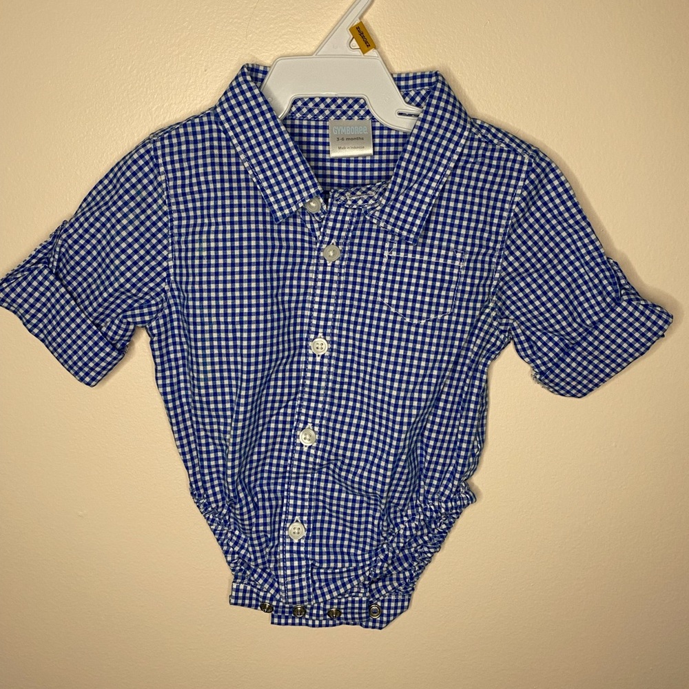 Gymboree blue white gingham button down shirt bodysuit for baby boy 3-6 months